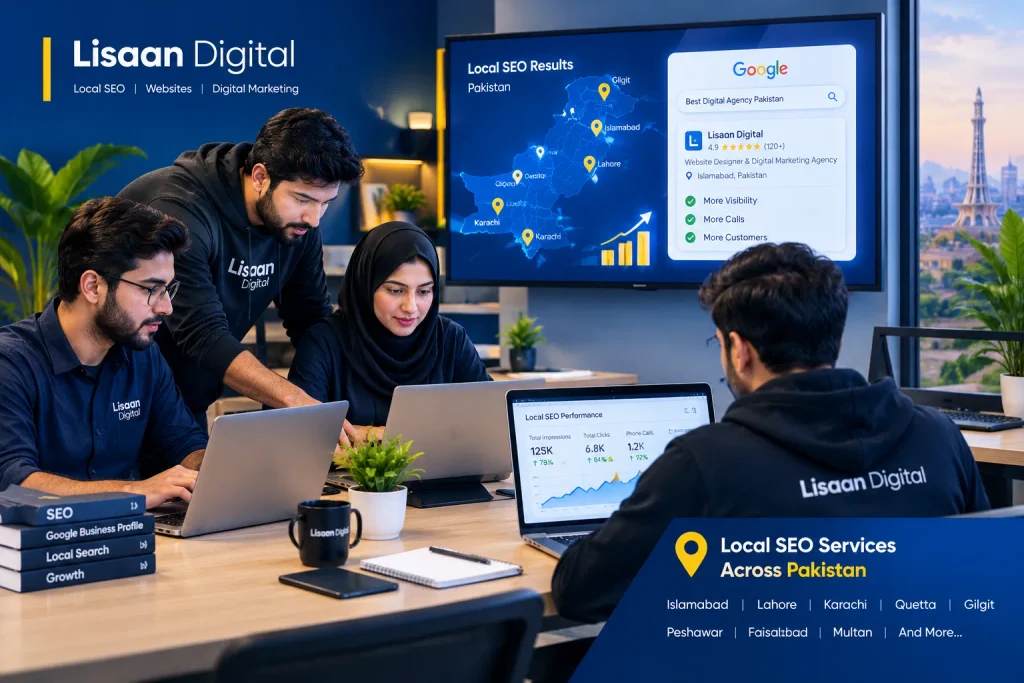 Team delivering local SEO services Pakistan for clients in every city
Suggestion: a team photo or a results chart.